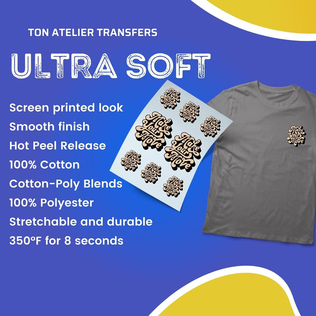 Our Ultra Soft screen printed plastisol transfer. Discover it main features - and order yours today. Perfect for garment decorations with a heat press!
